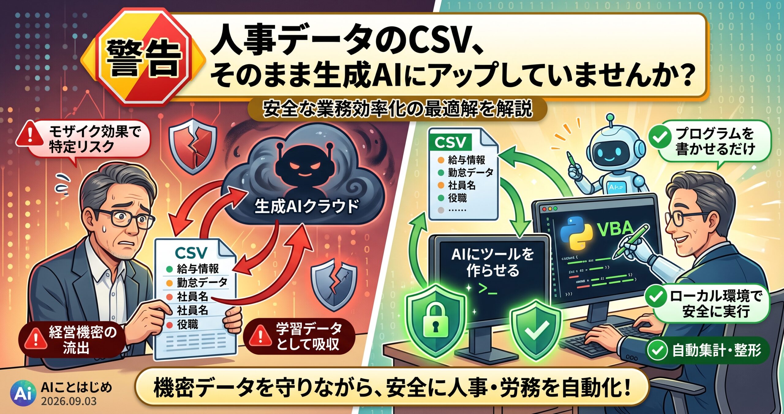 【警告】人事データのCSV、そのまま生成AIにアップしていませんか？安全な業務効率化の最適解